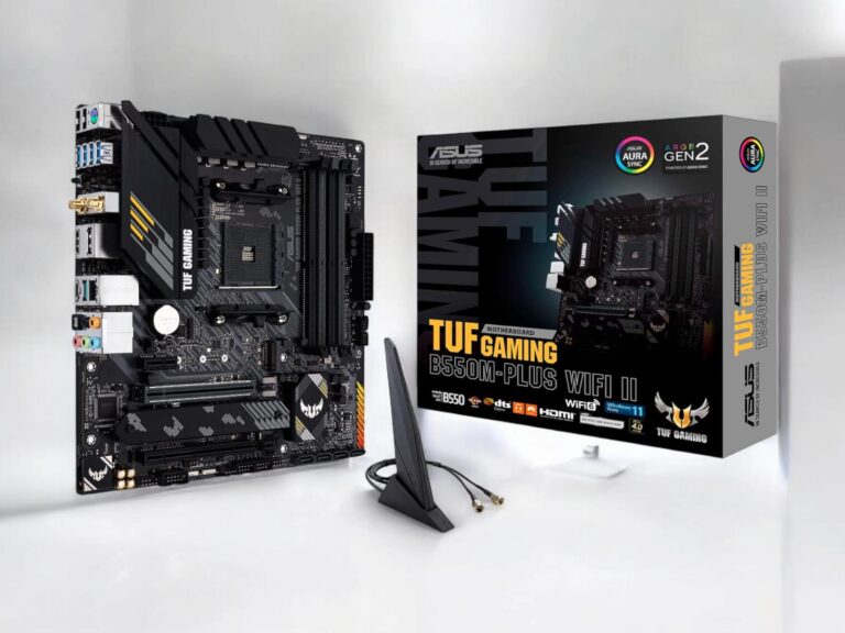 ASUS TUF Gaming B550-PLUS WiFi II Motherboard showcasing PCIe 4.0 slots and RGB lighting