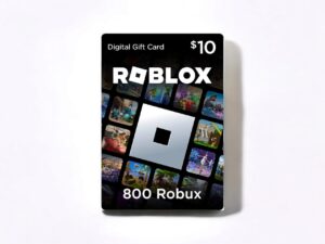 Digital image of a Roblox gift code for 800 Robux, featuring vibrant colors and the Roblox logo